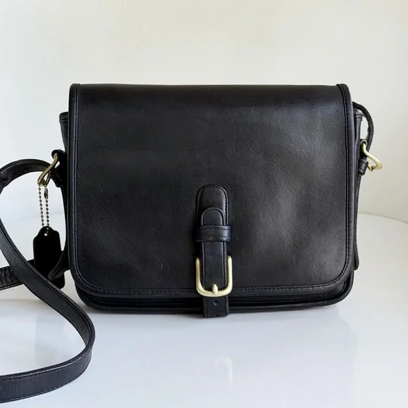 Vintage Coach Black Leather Crossbody Saddle Pouch Bag 9590 Made In NYC '80's - Picture 1 of 16